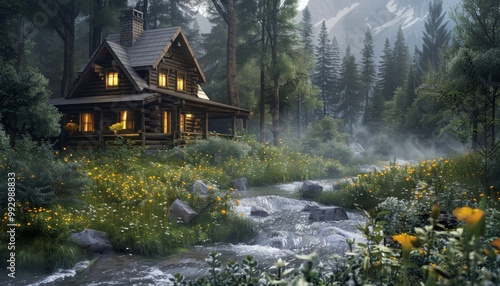 Cozy log cabin by misty stream in peaceful forest