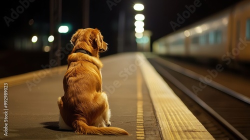 Dog sitting on a train platform at night waiting as a train approaches