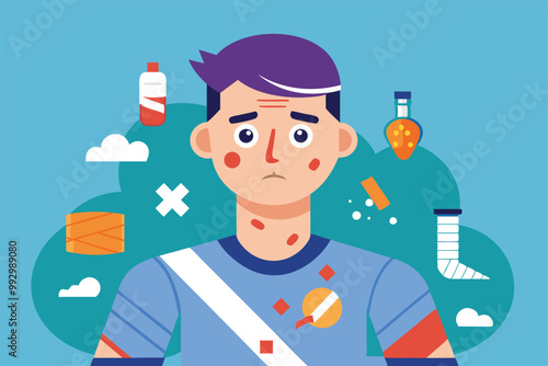 A character shows various injuries and medical items, ideal for illustrating health-related topics, Customizable semi-flat illustration for injuries.