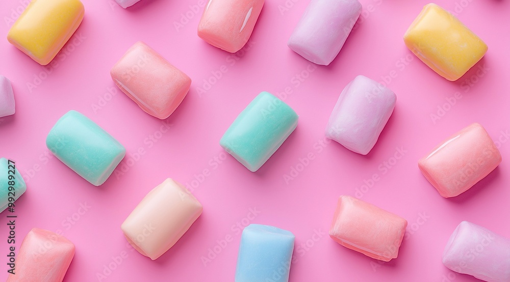 Colorful pastel soft chews, aerial view of isolated on pink background. rectangular shaped chewing gum pieces scattered, top view, flat lay. Bright and vivid colors. Colorful pastel soft chews, aerial view of isolated on pink background. rectangular shaped chewing gum pieces scattered, top view, flat lay. Bright and vivid colors.