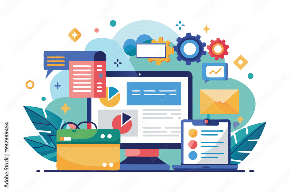 A detailed illustration depicts a computer setup for intranet use, showcasing productivity tools and visuals, Customizable semi-flat illustration for intranet. A detailed illustration depicts a computer setup for intranet use, showcasing productivity tools and visuals, Customizable semi-flat illustration for intranet.