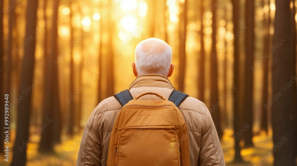 Elderly man with white hair and a backpack hiking through a forest as the sun rises, creating a warm and peaceful atmosphere. Elderly man with white hair and a backpack hiking through a forest as the sun rises, creating a warm and peaceful atmosphere.