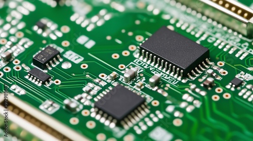 Close-up of a green circuit board with electronic components and microchips, highlighting the intricate details of modern technology