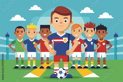 A junior soccer team showcases their spirit and teamwork during an afternoon practice on the field, Customizable semi-flat illustration for junior soccer.