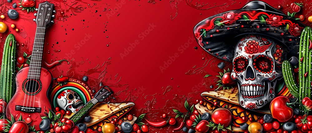 Obraz premium A red background with a skull, guitar, and a hat. The skull is surrounded by a variety of fruits and vegetables, including tomatoes, peppers, and blueberries. Scene is spooky and colorful