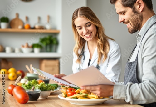 A nutritionist creating a meal plan for a client with a smile in