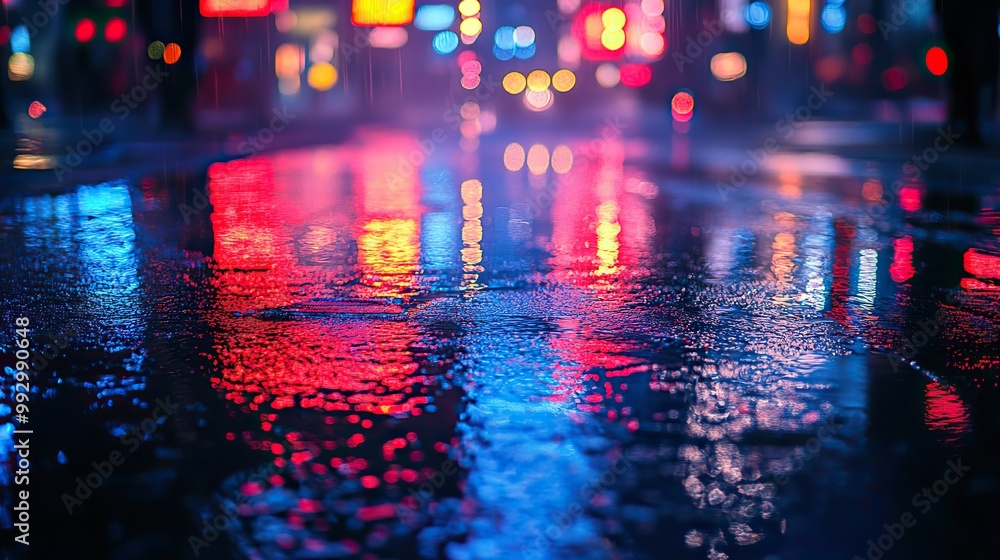 Reflections of neon lights on wet asphalt in a dark scene capture an abstract vision of technology and urban nightlife. Reflections of neon lights on wet asphalt in a dark scene capture an abstract vision of technology and urban nightlife.