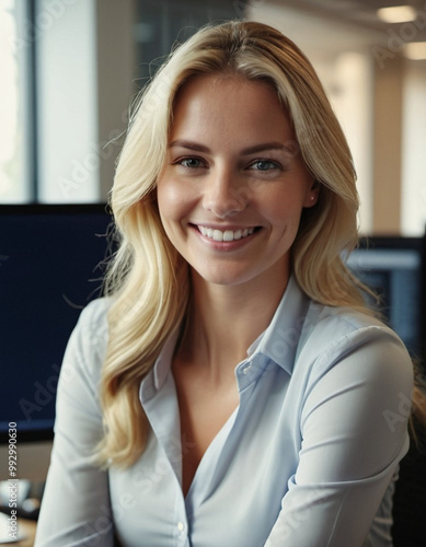 A professional blond woman dressed in a light blue shirt sits at her desk in a contemporary office, exuding confidence and positivity. The environment enhances her approachable demeanor. Generative AI