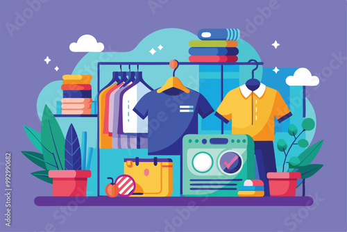 A vibrant illustration shows a laundry space featuring neatly hung clothes, plants, and a washing machine, Customizable Semi Flat Illustration for Laundry and Dry Cleaning