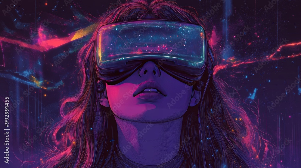 A person explores a vibrant virtual reality world during nighttime adventures A person explores a vibrant virtual reality world during nighttime adventures