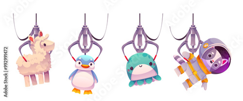 Claw machine toys set isolated on white background. Vector cartoon illustration of cute plush sheep, penguin, kawaii octopus, racoon astronaut caught by grabber, amusement park prizes, nice gifts