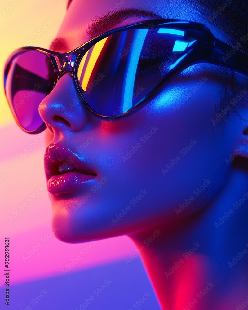 A close-up of a model wearing sunglasses with vibrant neon lighting A close-up of a model wearing sunglasses with vibrant neon lighting