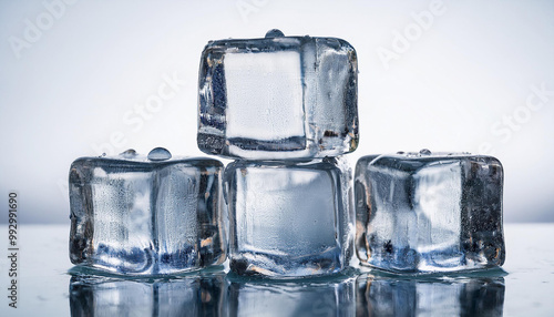 pile of melted ice cube with mirror effect on white background