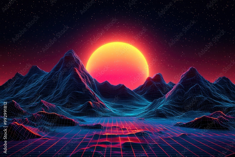Neon Grid Landscape with Sunset and Stars Neon Grid Landscape with Sunset and Stars