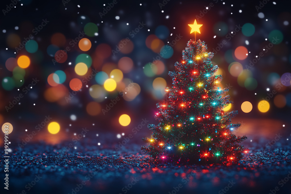 A Christmas tree with golden lights on a shiny background with blurred bokeh A Christmas tree with golden lights on a shiny background with blurred bokeh
