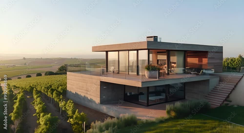 Modern Concrete House with Panoramic Views Over Lush Green Fields Modern Concrete House with Panoramic Views Over Lush Green Fields