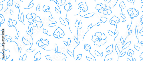 Blue flowers seamless background. Line plant. Flax