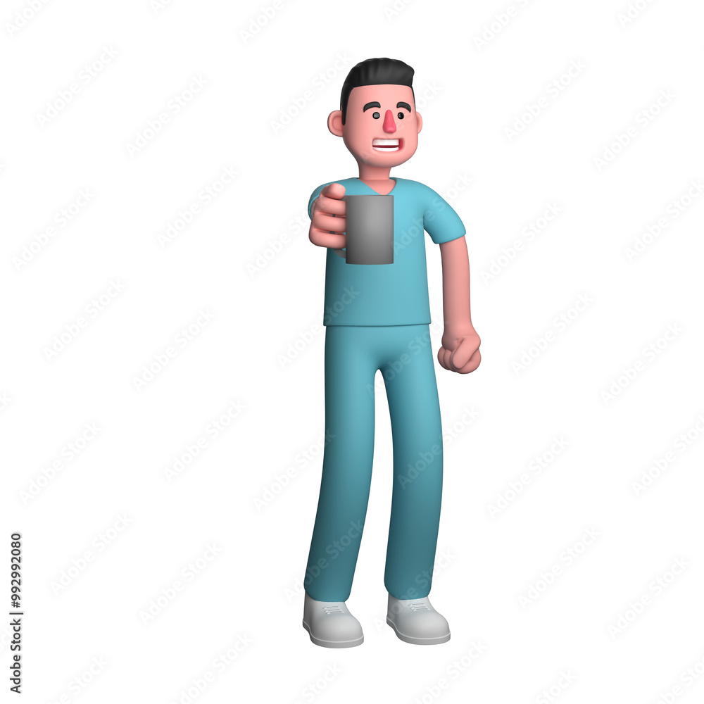 Male Nurse Illustration in 3D. A male nurse is seen standing casually while holding a drinking glass. Professional Healthcare Male Nurse Illustration in 3D. A male nurse is seen standing casually while holding a drinking glass. Professional Healthcare
