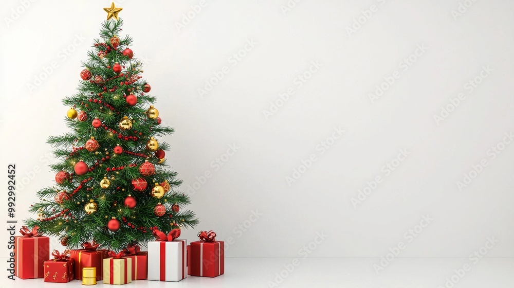 Christmas tree with beautiful baubles and many presents on white background with space for text Christmas tree with beautiful baubles and many presents on white background with space for text