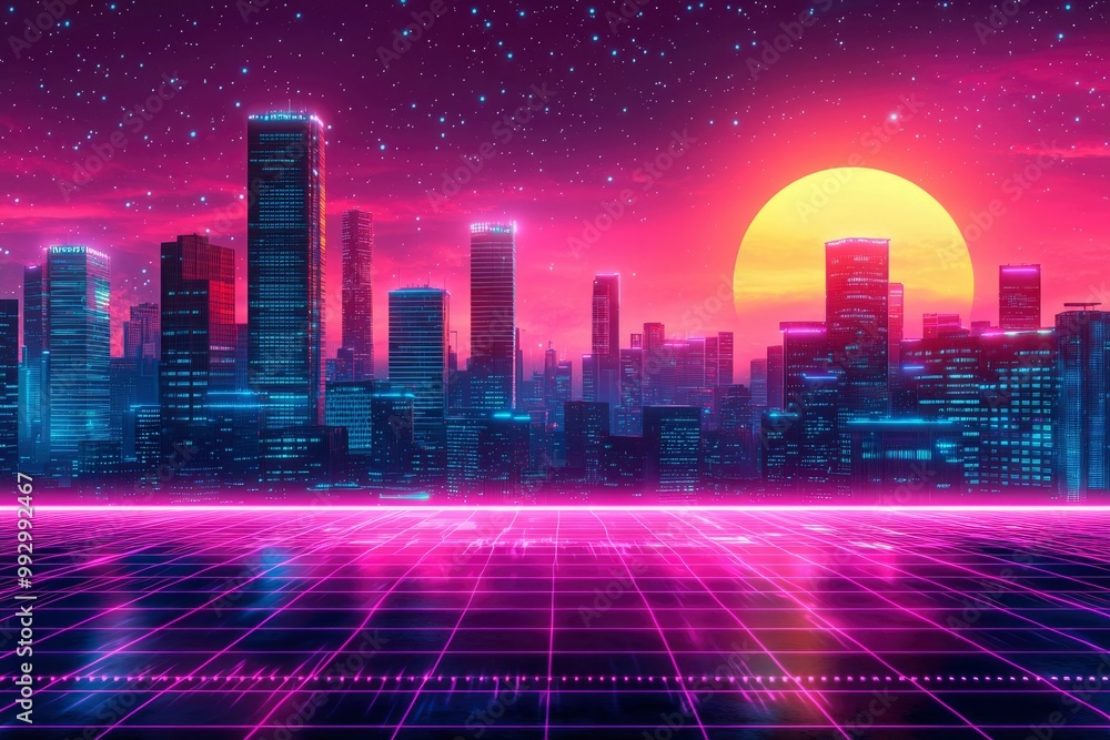 Retro Futuristic Cityscape with Neon Lights and Grid Pattern Retro Futuristic Cityscape with Neon Lights and Grid Pattern