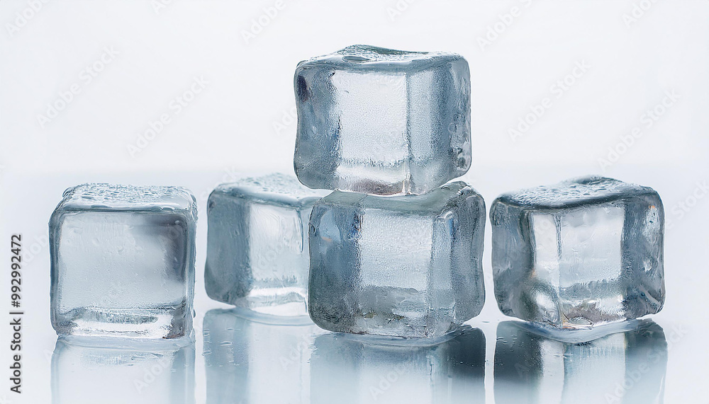 pile of ice cubes with mirror effect on white background pile of ice cubes with mirror effect on white background