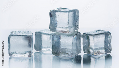 pile of ice cubes with mirror effect on white background