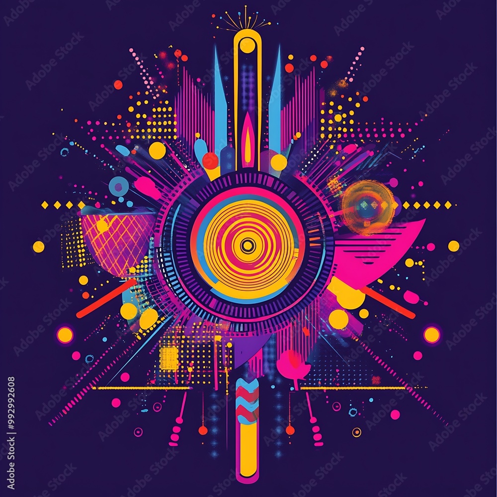 Colorful abstract design with a circular pattern in the center, surrounded by geometric shapes and lines on a dark background. Colorful abstract design with a circular pattern in the center, surrounded by geometric shapes and lines on a dark background.