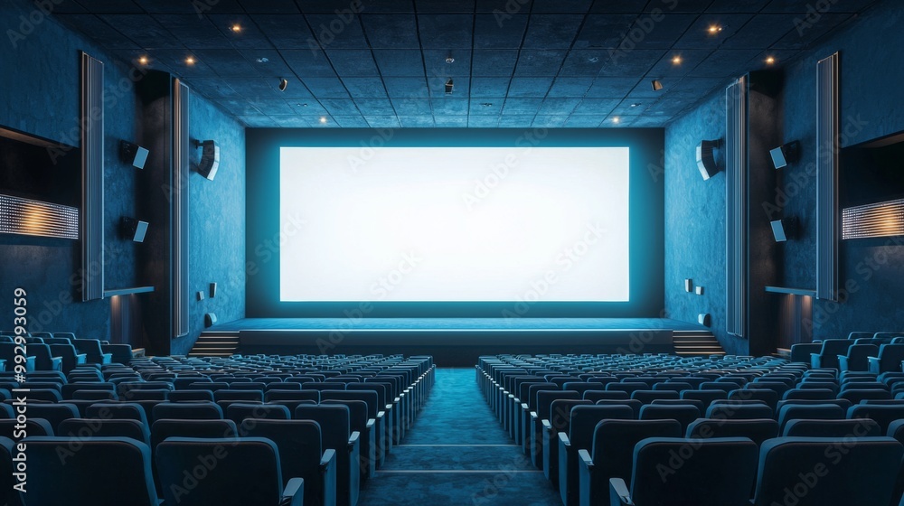 Fototapeta premium Empty cinema auditorium in blue color with white blank screen. Mockup of hall