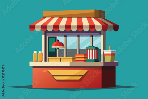 A colorful newsstand offers snacks and beverages in a bustling city environment during daytime, Customizable semi-flat illustration for newsstands.
