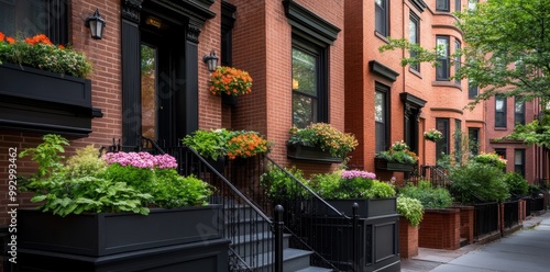 A charming street scene featuring brownstone buildings adorned with vibrant flower boxes and greenery, creating a picturesque urban atmosphere.