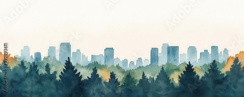 Eco-Friendly Watercolor concept, Urban sprawl encroaching on a green forest photo