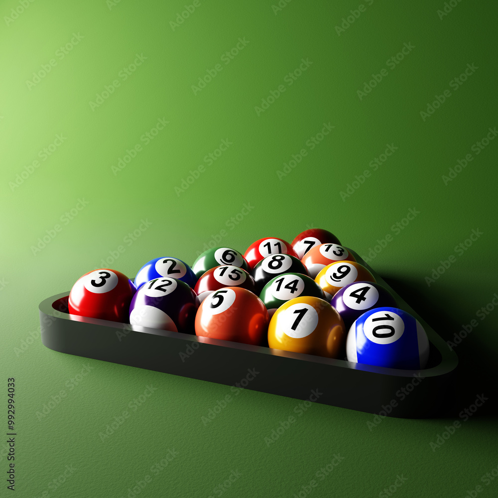 Billiards balls neatly arranged in a triangular rack on a green felt surface. 3d-rendering Billiards balls neatly arranged in a triangular rack on a green felt surface. 3d-rendering