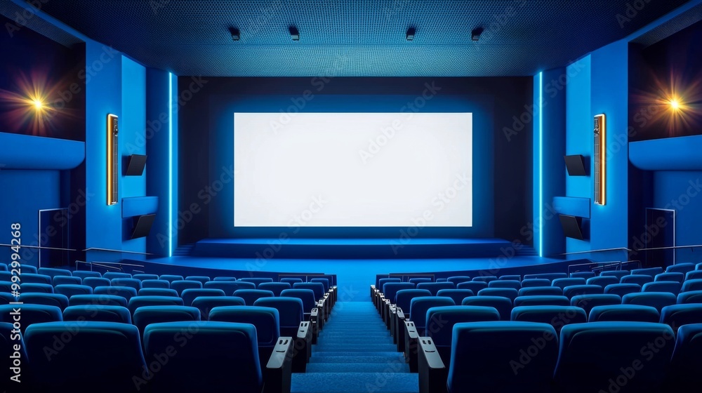 Fototapeta premium Empty cinema auditorium in blue color with white blank screen. Mockup of hall