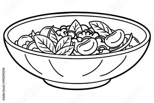 Vector bowl of salad in black and white ideal for coloring pages, icons, or menu designs.