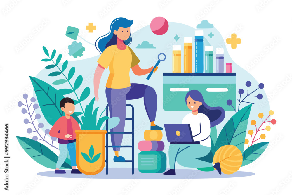 A scientist interacts with children while studying plants in a colorful laboratory setting, Customizable semi-flat illustration for occupational therapy. A scientist interacts with children while studying plants in a colorful laboratory setting, Customizable semi-flat illustration for occupational therapy.