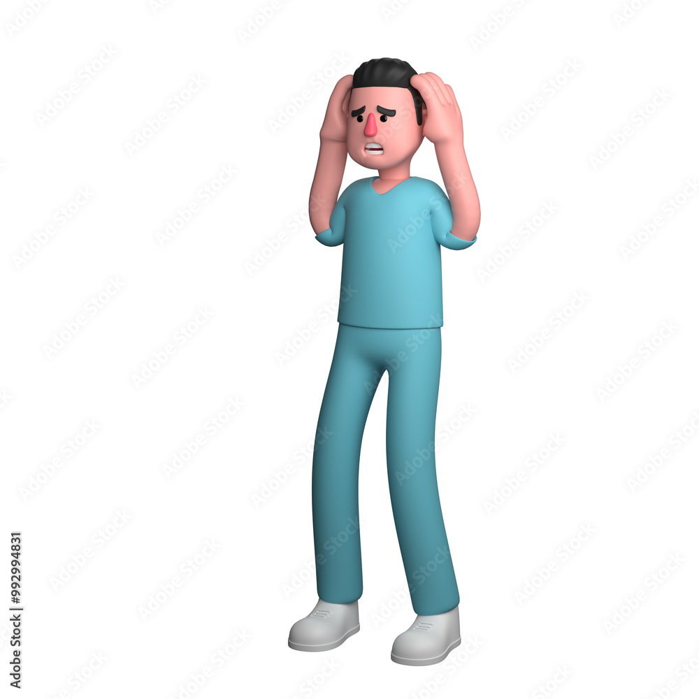 3D Model of Professional Male Nurse. A male nurse is seen standing with both hands covering his ears, as if he is disturbed by the disturbances around him. Healthcare Character 3D Model of Professional Male Nurse. A male nurse is seen standing with both hands covering his ears, as if he is disturbed by the disturbances around him. Healthcare Character