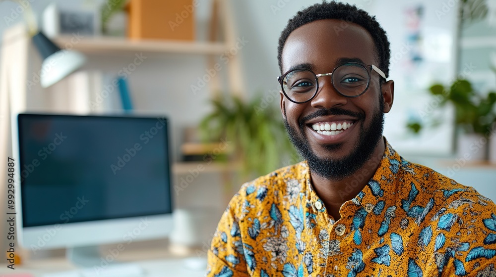 A smiling man in a colorful shirt sits at a desk with a computer, exuding a friendly and approachable vibe in a modern workspace. A smiling man in a colorful shirt sits at a desk with a computer, exuding a friendly and approachable vibe in a modern workspace.
