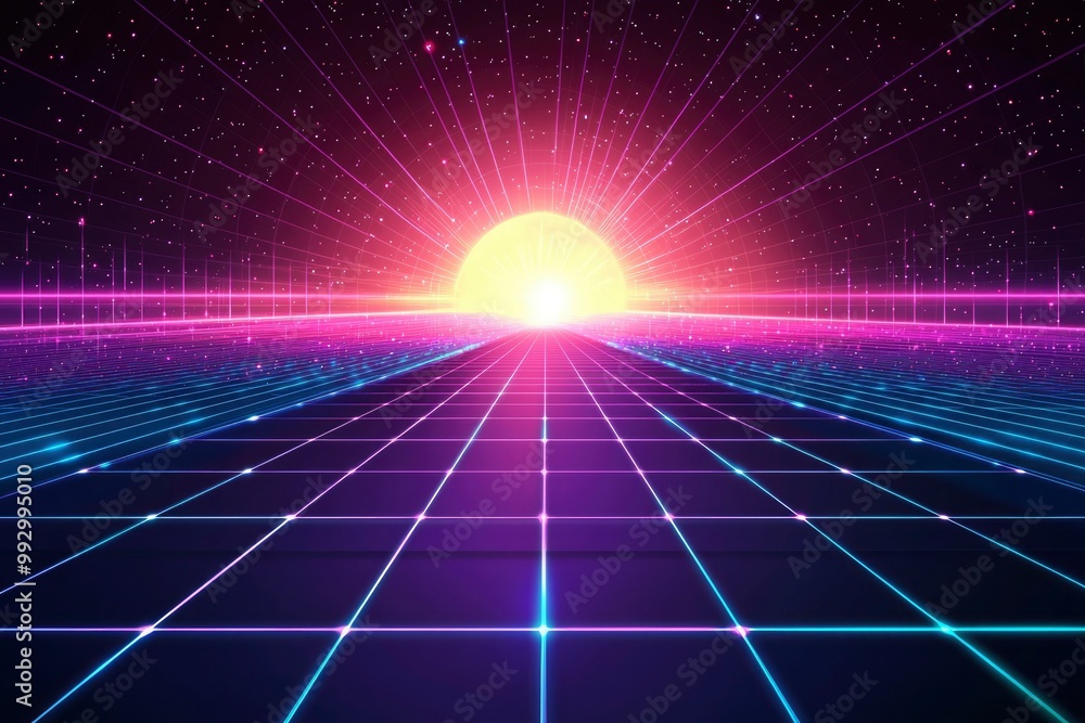Futuristic Grid Landscape with Rising Sun and Stars Futuristic Grid Landscape with Rising Sun and Stars