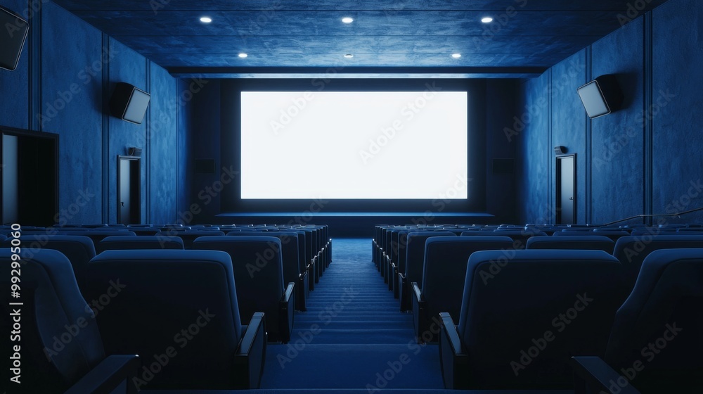 Fototapeta premium Empty cinema auditorium in blue color with white blank screen. Mockup of hall
