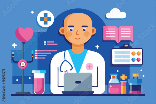 A skilled oncologist analyzes data with medical tools in a contemporary healthcare setting, Customizable Semi Flat Illustration for Oncology Patient