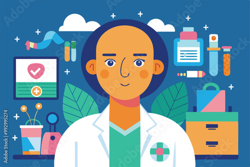 A professional oncologist stands confidently amid essential medical tools and symbols of wellness, Customizable Semi Flat Illustration for Oncology Patient