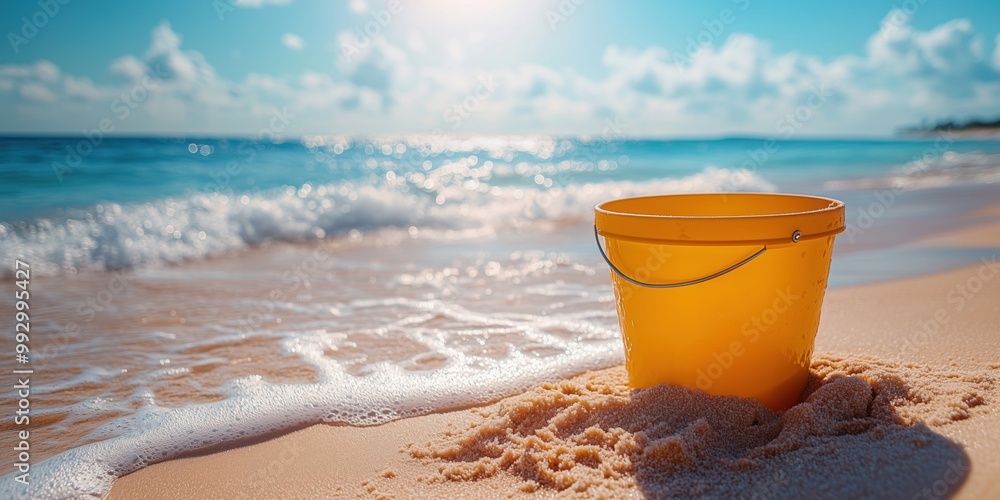 A bright yellow bucket on sandy beach with gentle waves and blue sky in the background, perfect for summer vacation themes. A bright yellow bucket on sandy beach with gentle waves and blue sky in the background, perfect for summer vacation themes.