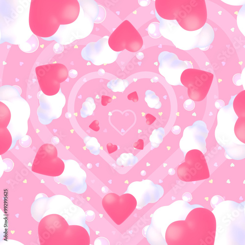 Cartoon hearts and clouds pattern.