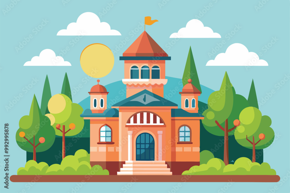 A vibrant depiction of an orphanage nestled in a lush forest, under a bright sun and playful clouds, Customizable semi-flat illustration for orphanage. A vibrant depiction of an orphanage nestled in a lush forest, under a bright sun and playful clouds, Customizable semi-flat illustration for orphanage.