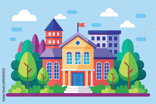 A cheerful orphanage sits against a backdrop of trees and buildings, fostering a sense of community and hope, Customizable semi-flat illustration for orphanage.