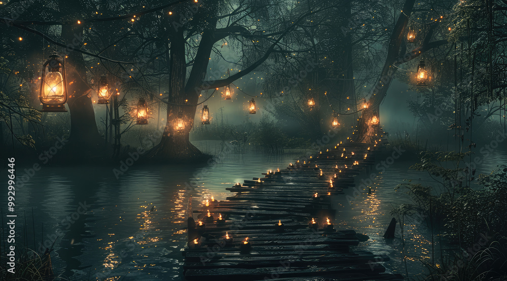 Naklejka premium Old wooden bridge over a dark swamp with glowing lanterns hanging from the trees. Generative AI.