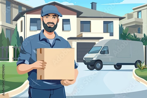 New apartment owners carry packed boxes with items for unpacking in living room concept of convenient home delivery service and small family accommodation