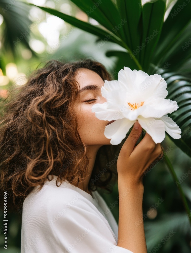 Naklejka premium A woman with curly hair gently kisses a large white flower in a lush green setting.