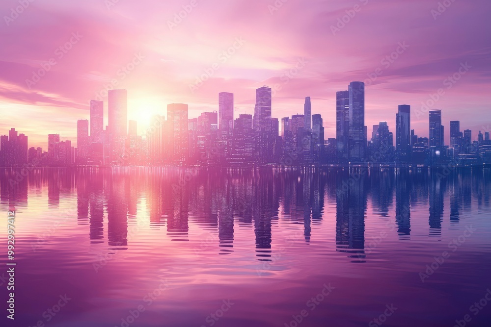 Obraz premium Cityscape Silhouette Reflecting in Calm Water at Sunset