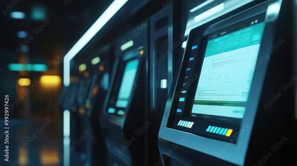 A row of modern ATMs with digital screens in a dimly lit environment. A row of modern ATMs with digital screens in a dimly lit environment.